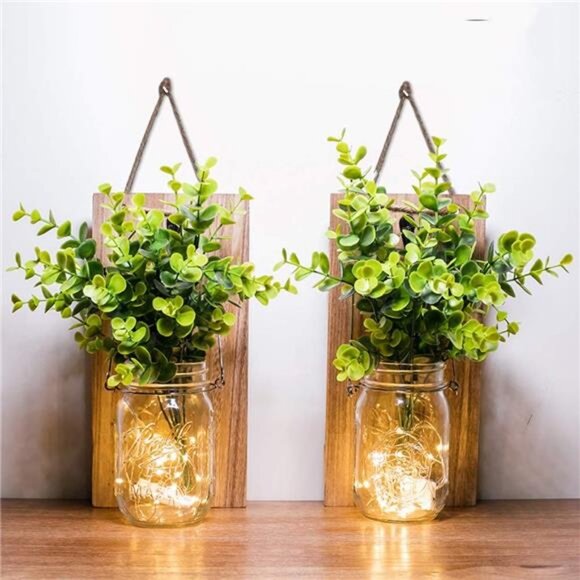 Rustic Wall Sconces, Mason Jar Sconces, Farmhouse Home Decor, LED Fairy Lights - Picture 6 of 7